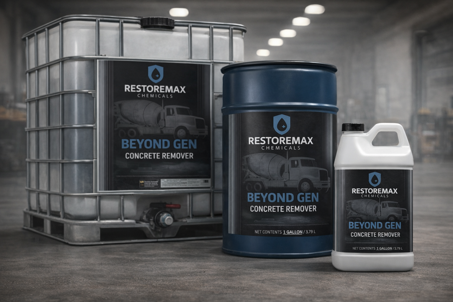 RestoreMax Beyond Gen concrete remover in 1-gallon, 55-gallon drum, and 275-gallon tote for ready-mix and heavy equipment cleaning.