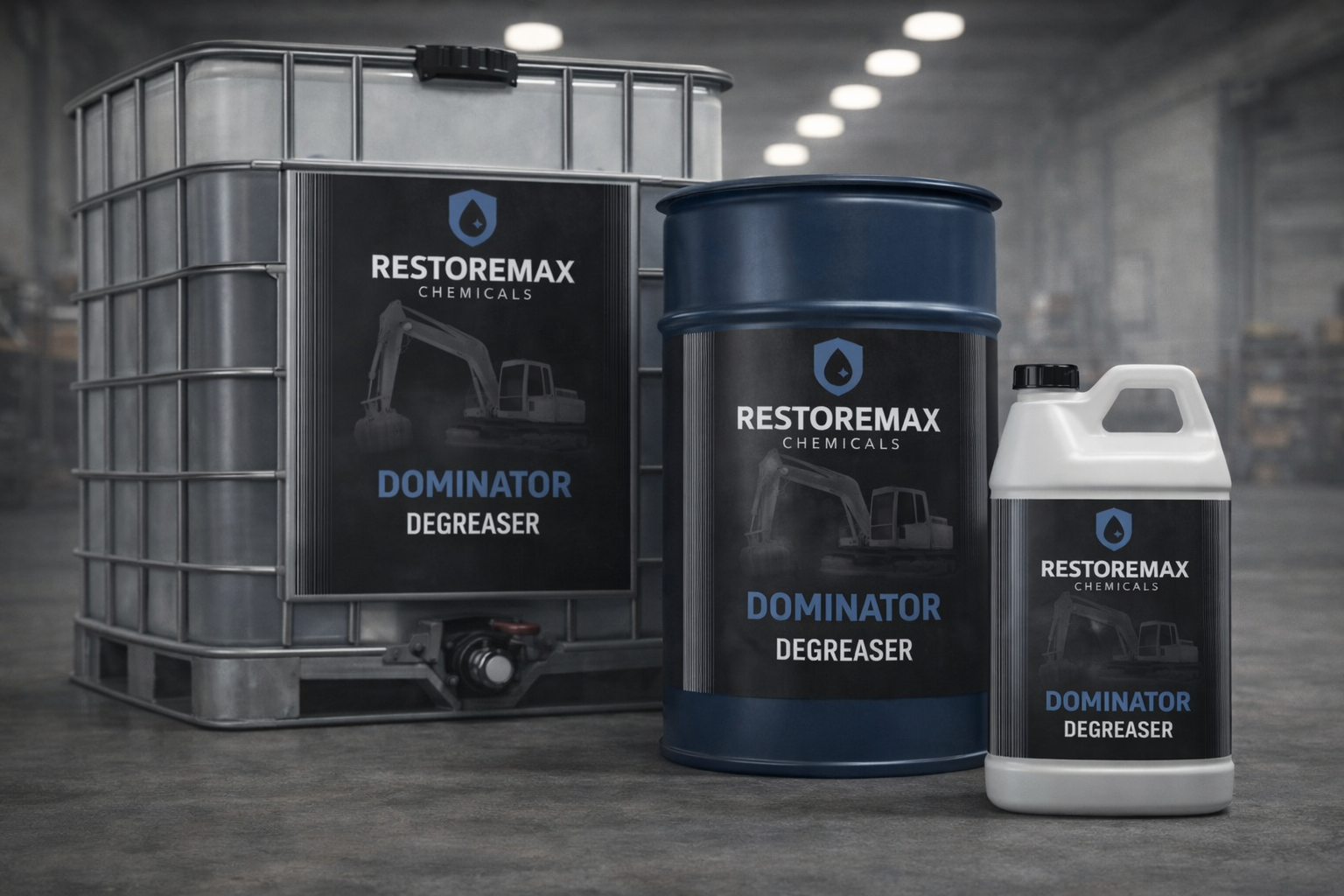 RestoreMax Dominator industrial degreaser for heavy equipment, hydraulic oil removal, and fleet maintenance.
