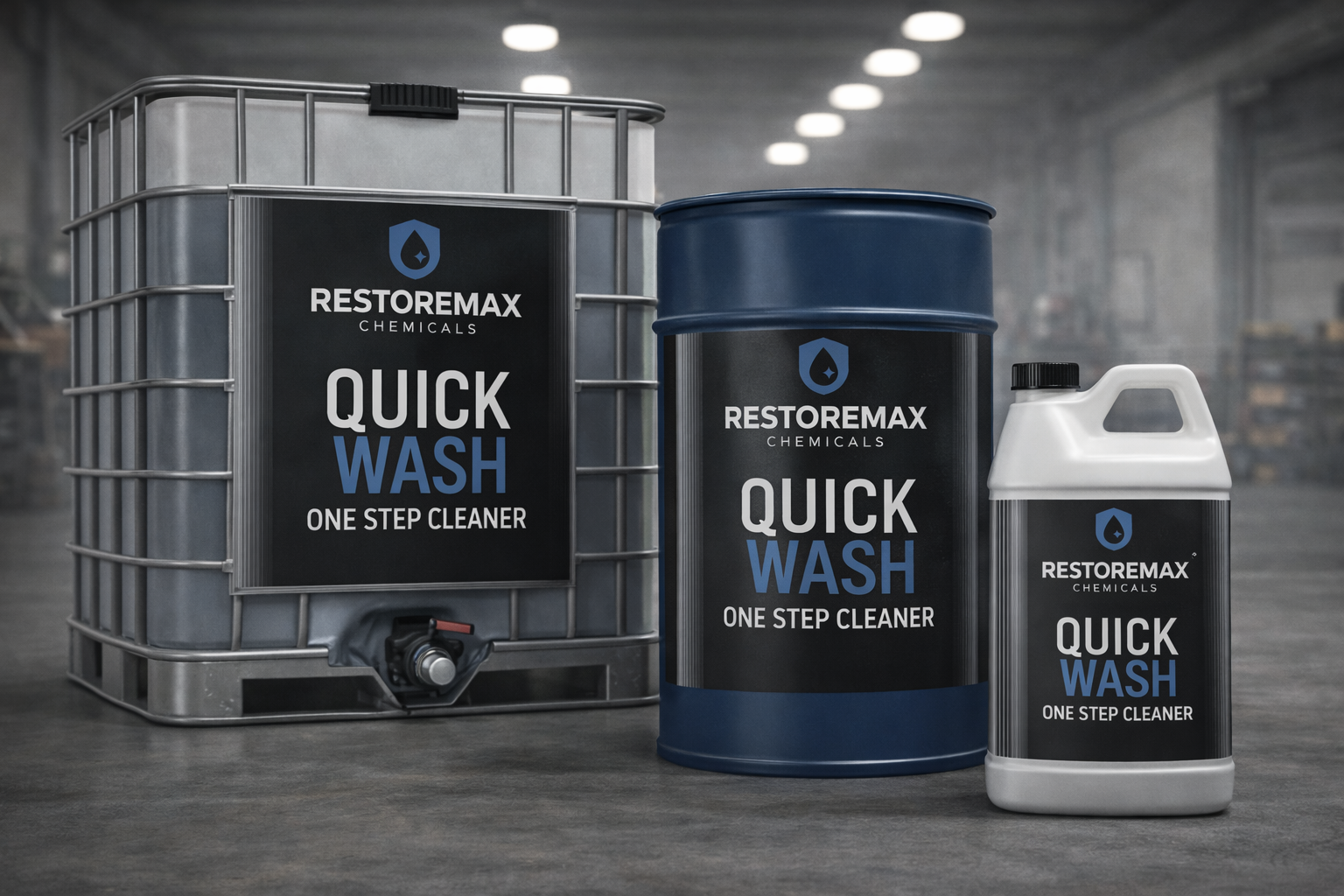 RestoreMax Quick Wash one-step industrial cleaner in 1-gallon, 55-gallon drum, and 275-gallon tote for heavy equipment and fleet washing.