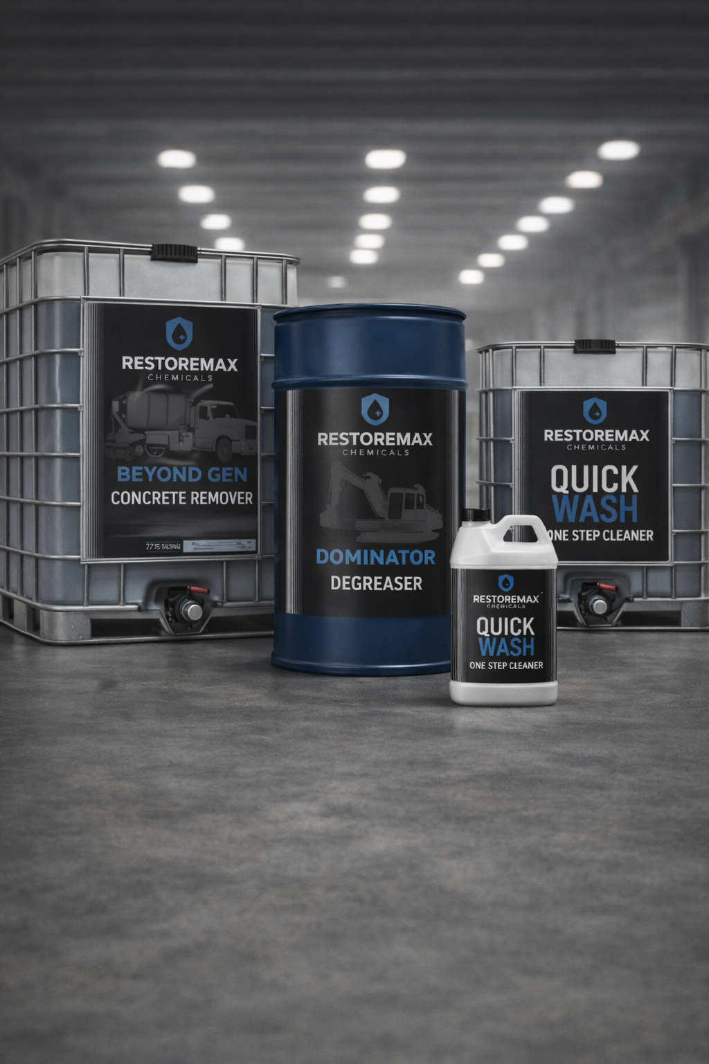 RestoreMax Beyond Gen concrete remover, Dominator degreaser, and Quick Wash one-step cleaner in bulk 275-gallon totes, 55-gallon drums, and 1-gallon containers.