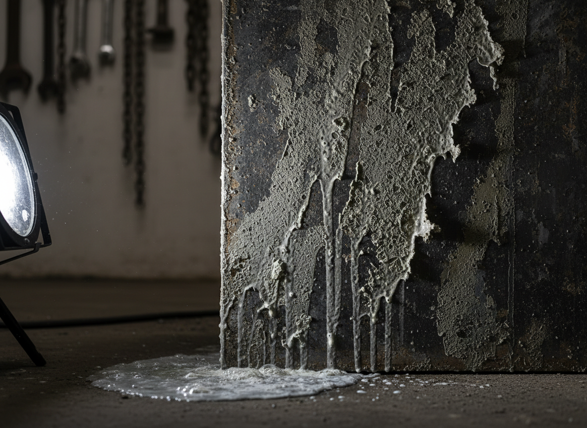 An extreme close-up photographic image of a thick layer of hardened concrete and lime scale on a steel form panel, partially dissolved and sloughing away in streaks after application of a powerful concrete remover. Tiny bubbles and etched textures are visible where the chemical is actively working, with rivulets of liquid flowing down to a small puddle on the floor. The background is a softly blurred industrial workshop wall with hanging tools. Side lighting from an intense work light rakes across the surface, enhancing texture and contrast. The composition is tight and dramatic, with a bold, almost scientific atmosphere that spotlights chemical action and effectiveness.