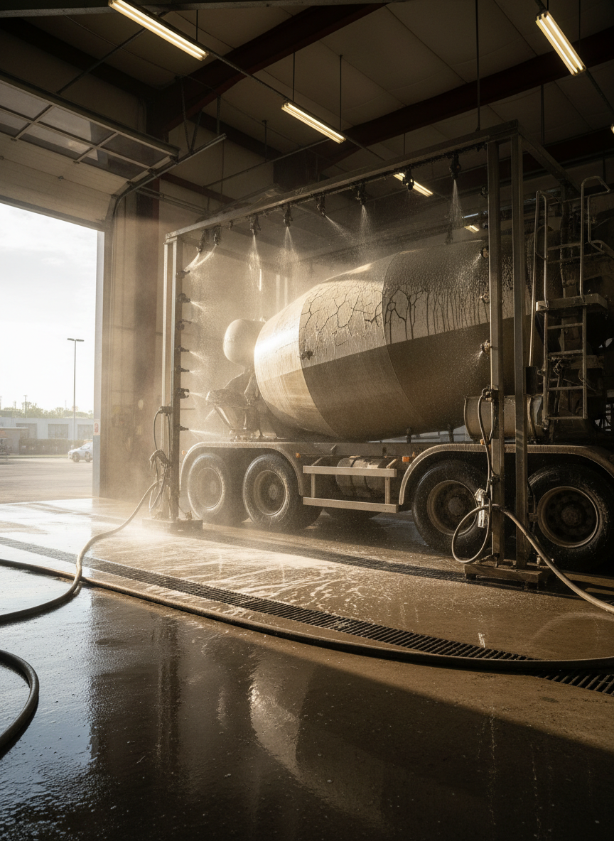 A bold, photographic wide shot of a rugged industrial wash bay where a massive cement mixer drum is rotating slowly, its outer shell half-coated with dried residue and half gleaming after being treated with an industrial concrete remover. Spray nozzles and hoses lie coiled on the wet, reflective concrete floor, with water and diluted cleaner forming shimmering streaks. Bright overhead industrial lighting and a shaft of late-day sunlight from an open bay door combine to create dramatic highlights and elongated shadows. The mood is powerful and energetic, captured from a slightly elevated angle to show full context and emphasize large-scale cleaning performance and operational efficiency.