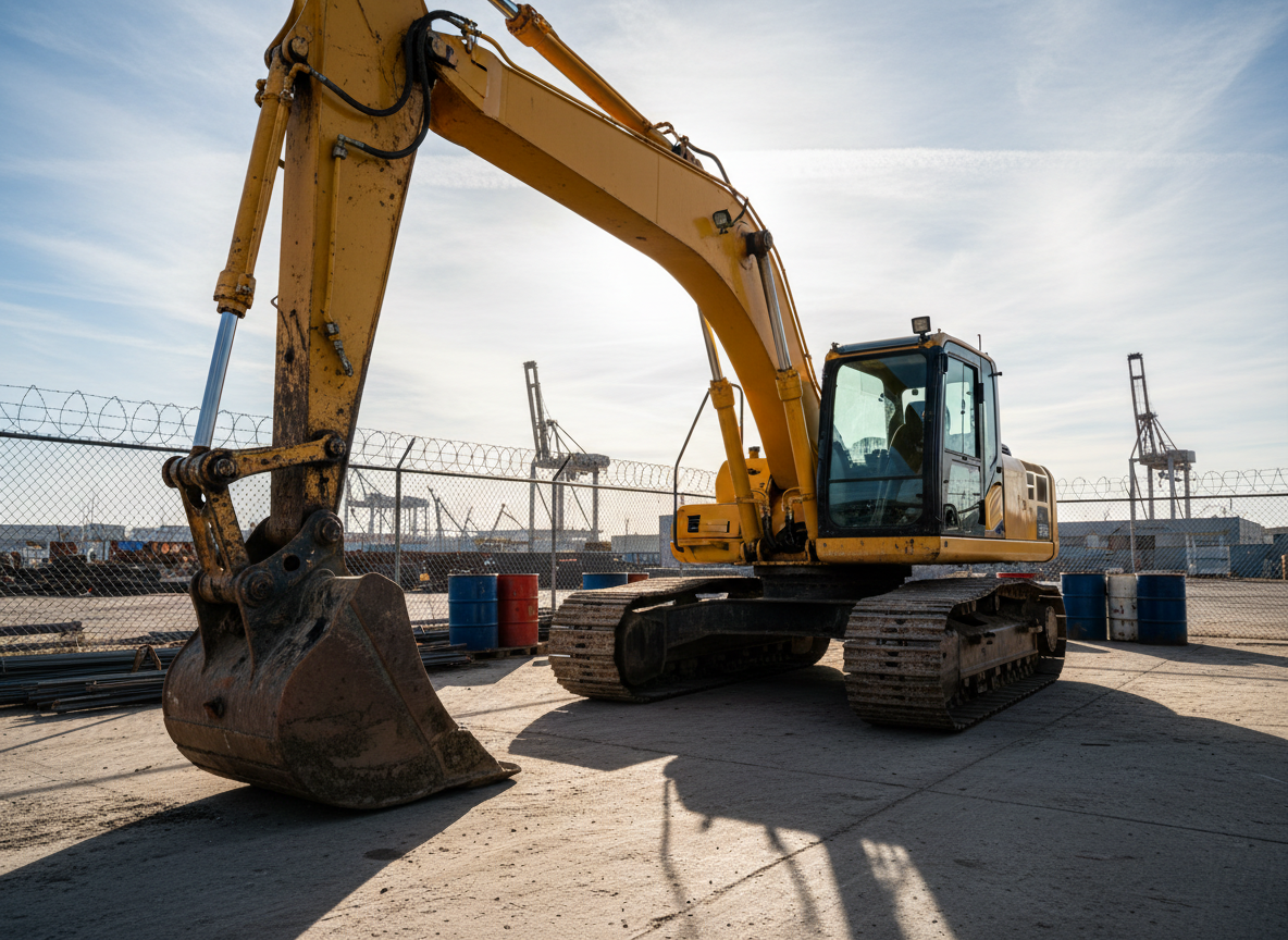 A heavy-duty yellow construction excavator parked on a concrete yard, its steel tracks and hydraulic arms splattered with dried gray concrete on one side and perfectly clean metal on the other, dramatically showing a before-and-after effect from a powerful concrete remover. The excavator is surrounded by industrial barrels and pallets in a fenced jobsite, with distant silhouettes of cranes and warehouses slightly blurred. Strong late-afternoon sunlight creates hard shadows and crisp reflections on the cleaned surfaces, emphasizing texture and contrast. Captured in photographic realism from a low, three-quarter angle, with a bold, high-contrast look that feels tough and professional, reinforcing jobsite performance and ROI.