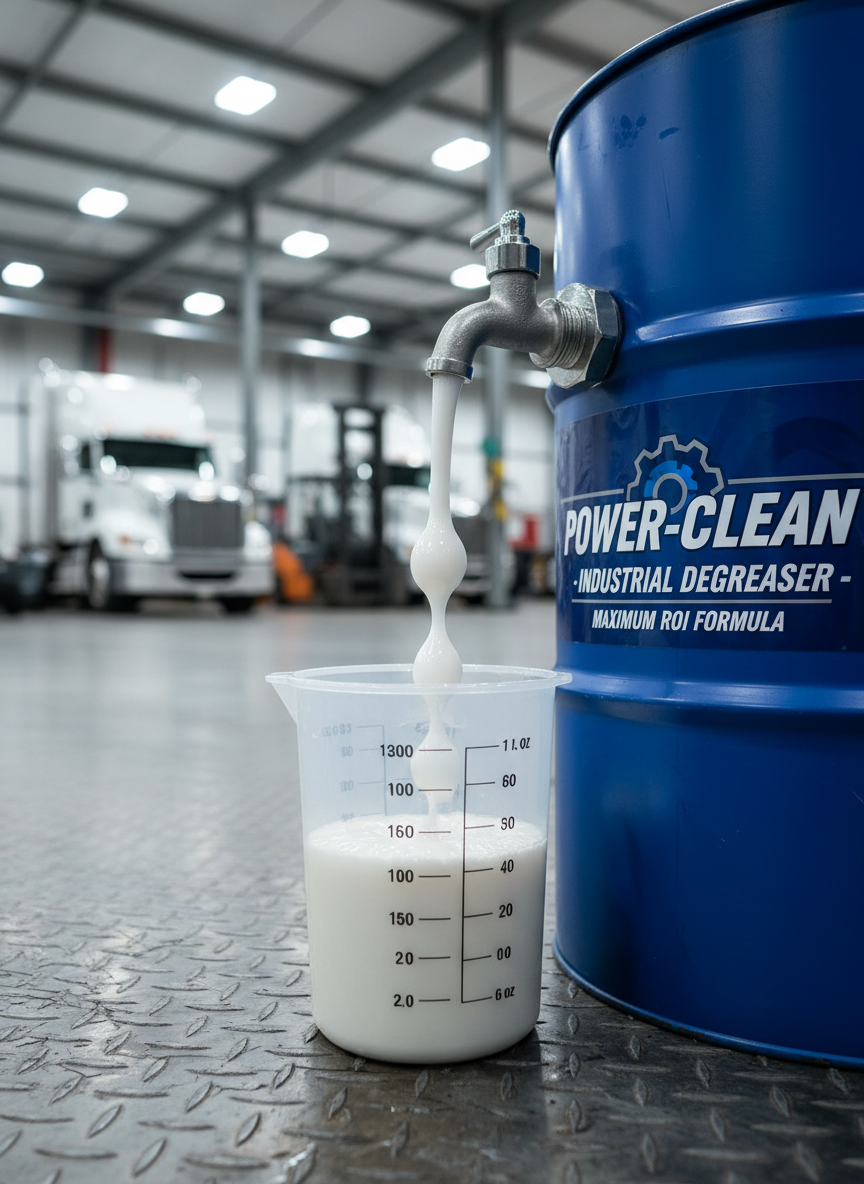 A close-up, photographic image of a thick, milky industrial degreaser cascading from a robust, labeled 55-gallon drum tap into a clear, graduated measuring container, with viscous drops catching the light. The setup rests on a diamond-plate steel floor beside a large fleet maintenance bay, where blurred outlines of trucks and heavy equipment appear in the background. Overhead LED shop lights cast bright, even illumination with crisp reflections on the liquid surface and subtle glints on metal fittings. Shot at eye level with a shallow depth of field, the mood is bold, precise, and technical, highlighting chemical performance and controlled dosing for maximum ROI.