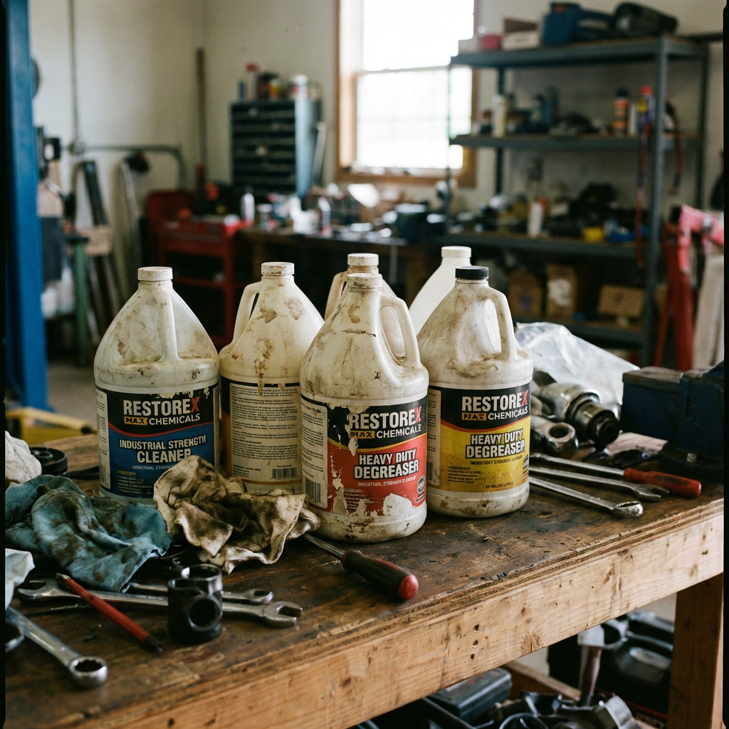 RESTOREX industrial strength cleaner and degreaser jugs on a tool-covered wooden workbench.