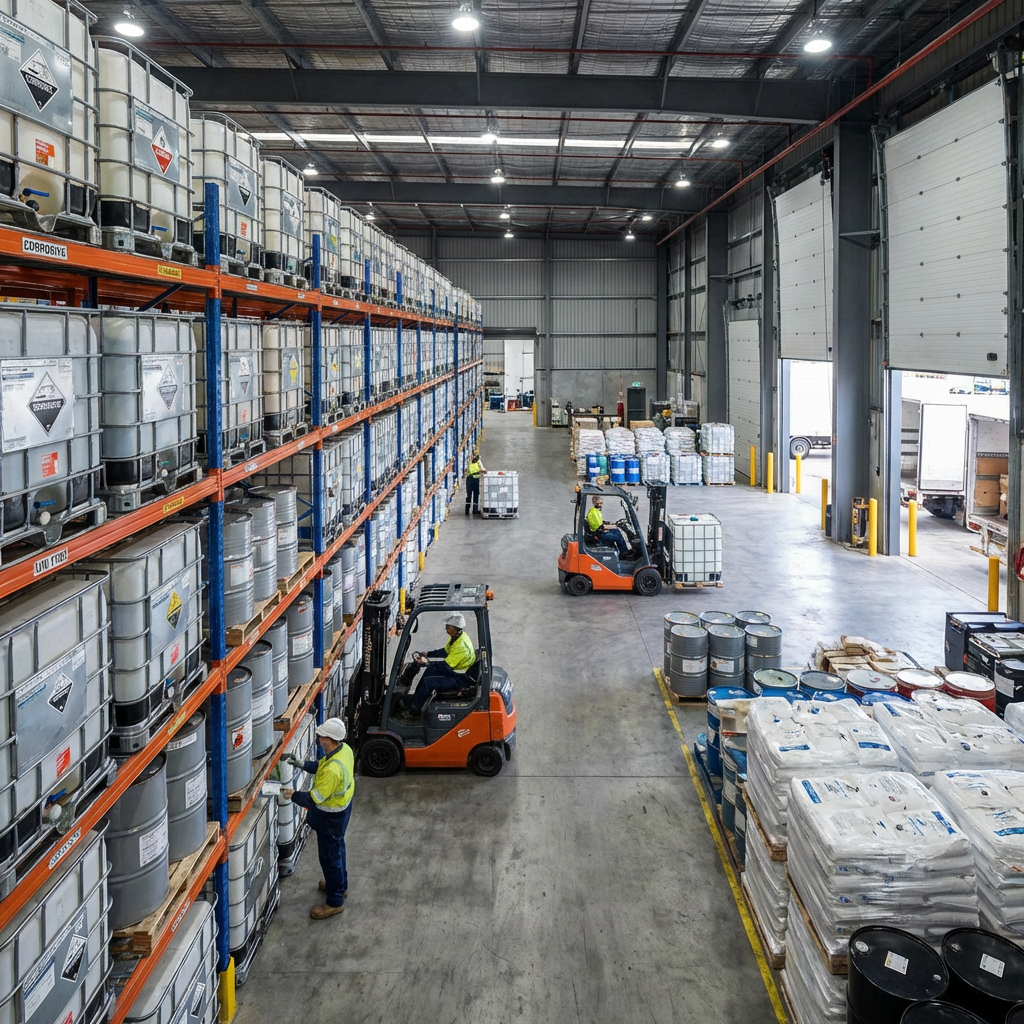 Workers operating forklifts and managing inventory in a large industrial chemical storage warehouse.