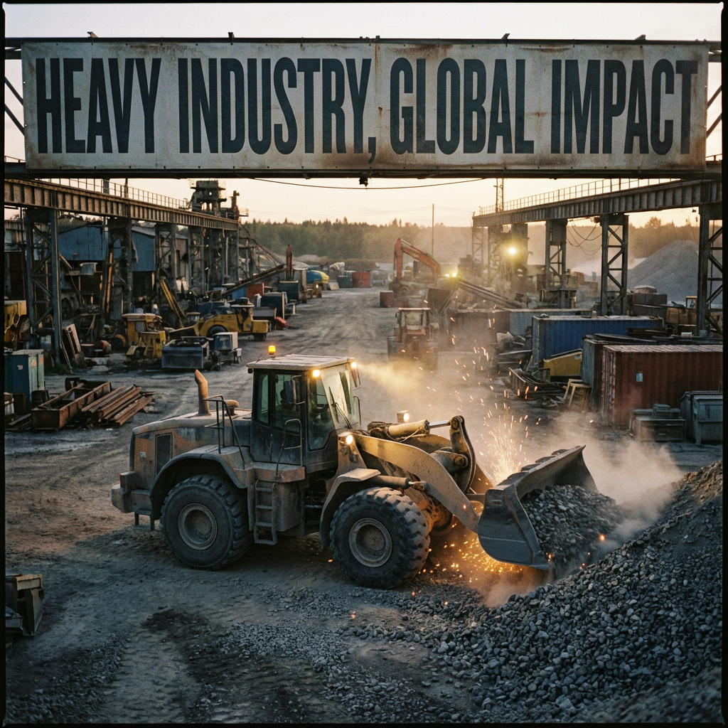 HEAVY INDUSTRY, GLOBAL IMPACT sign above a wheel loader moving gravel with sparks flying.