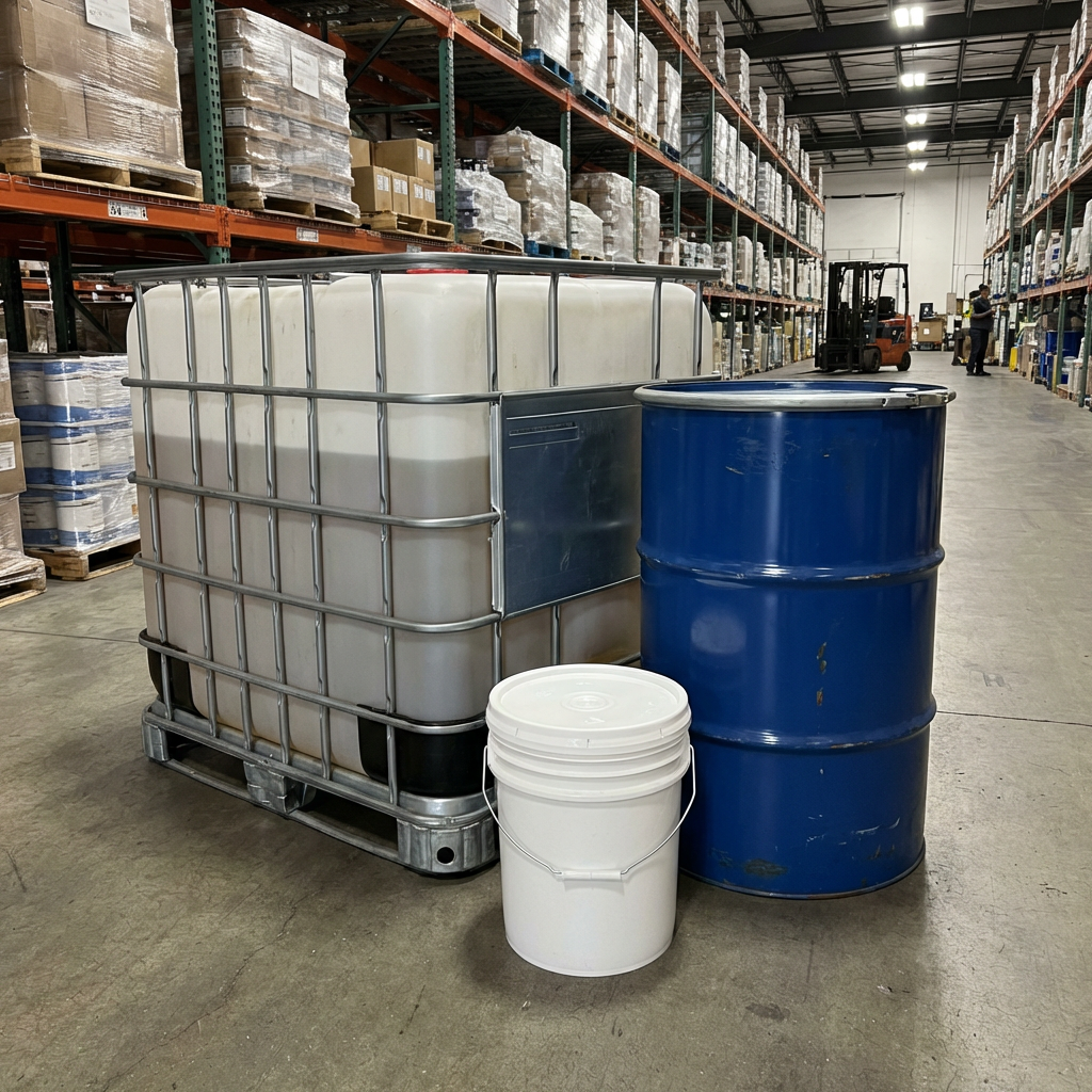 IBC tote, blue steel drum, and white bucket on a warehouse floor.