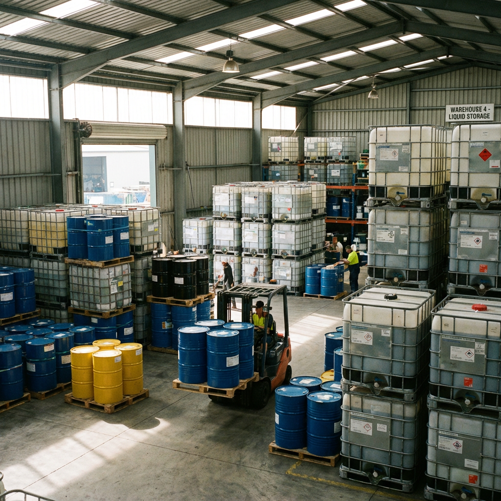 Forklift moving drums in Warehouse 4 Liquid Storage filled with IBC tanks and barrels.