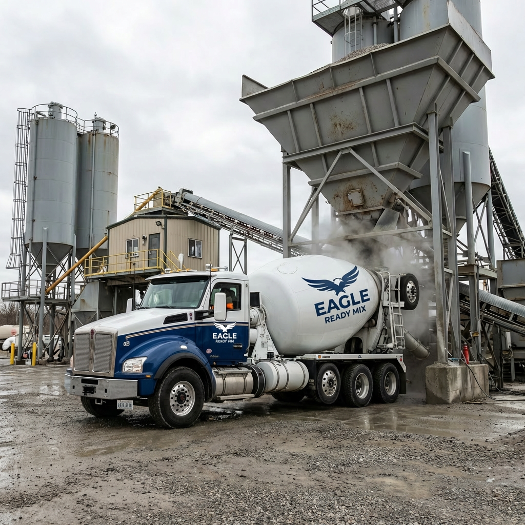 An Eagle Ready Mix concrete mixer truck being loaded at a batch plant facility.