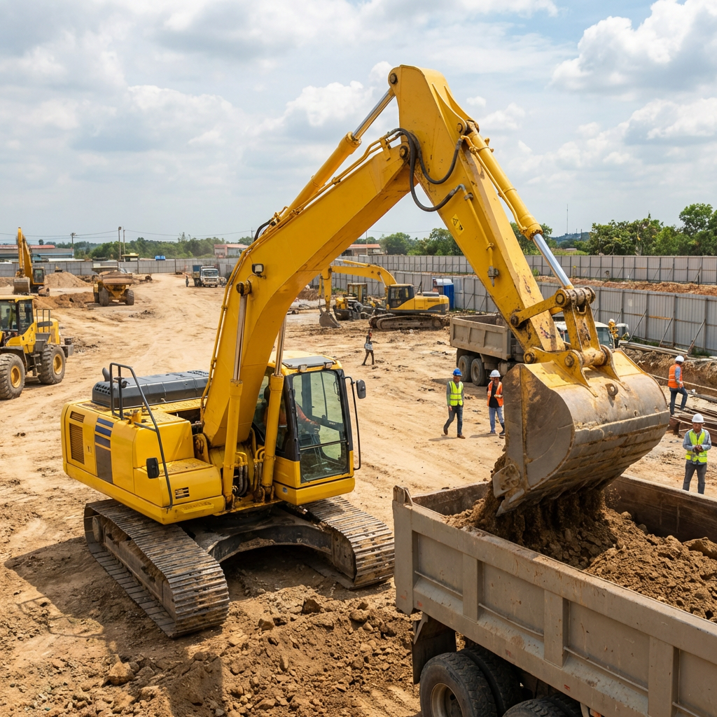 Yellow excavator loading dirt into a dump truck with workers standing nearby.