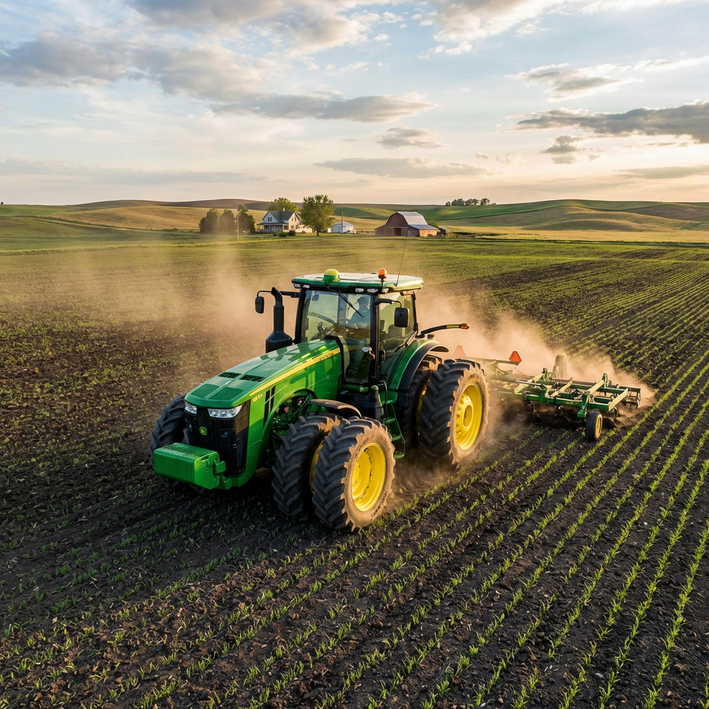 Green tractor tilling a vast agricultural field during sunset with a farmhouse background.