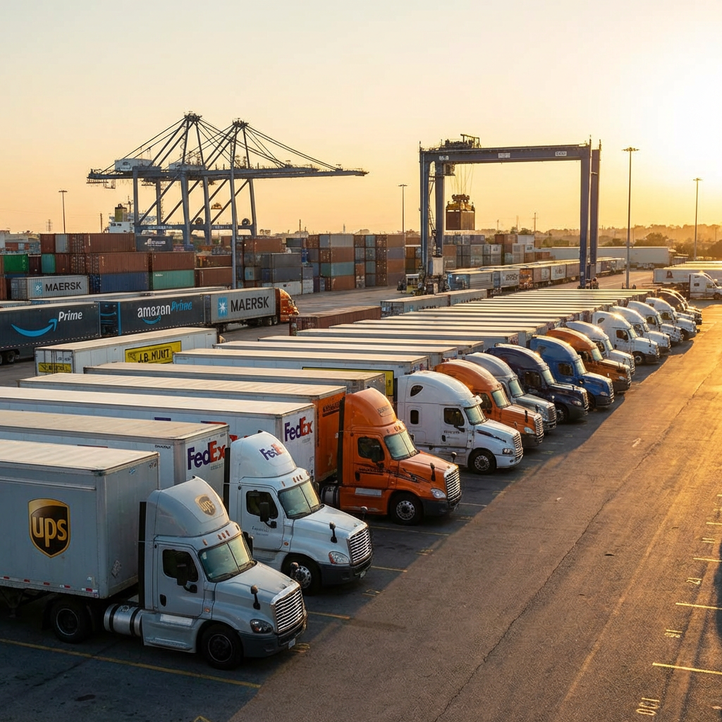 Row of commercial freight trucks parked at a shipping terminal with large port cranes.