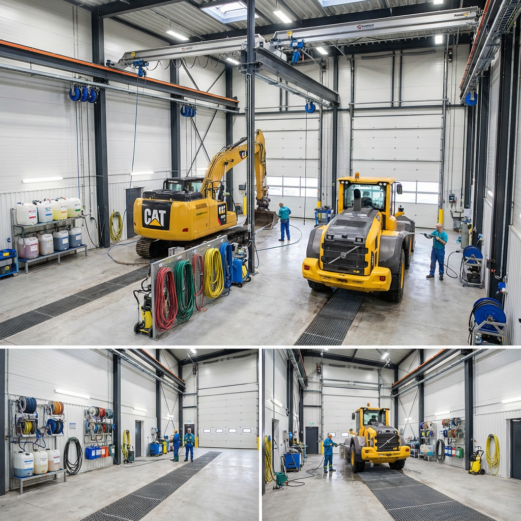 Workers servicing heavy construction equipment inside a large, organized industrial facility.