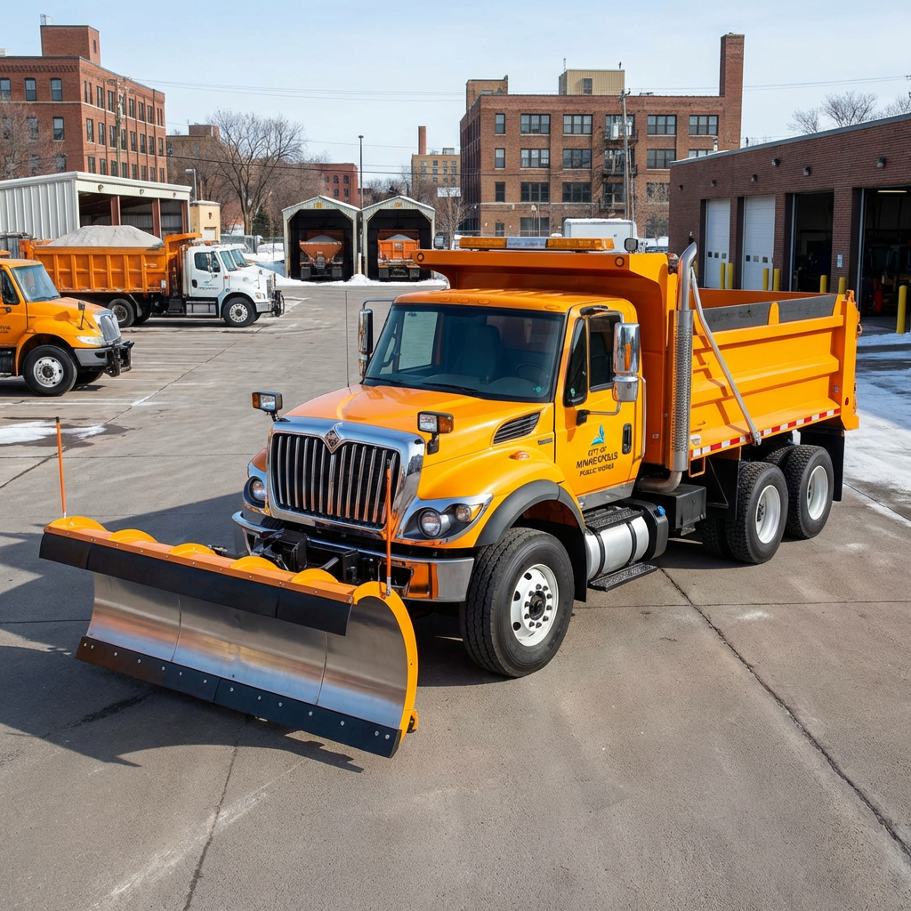 Orange City of Minneapolis Public Works snowplow truck parked in a maintenance yard