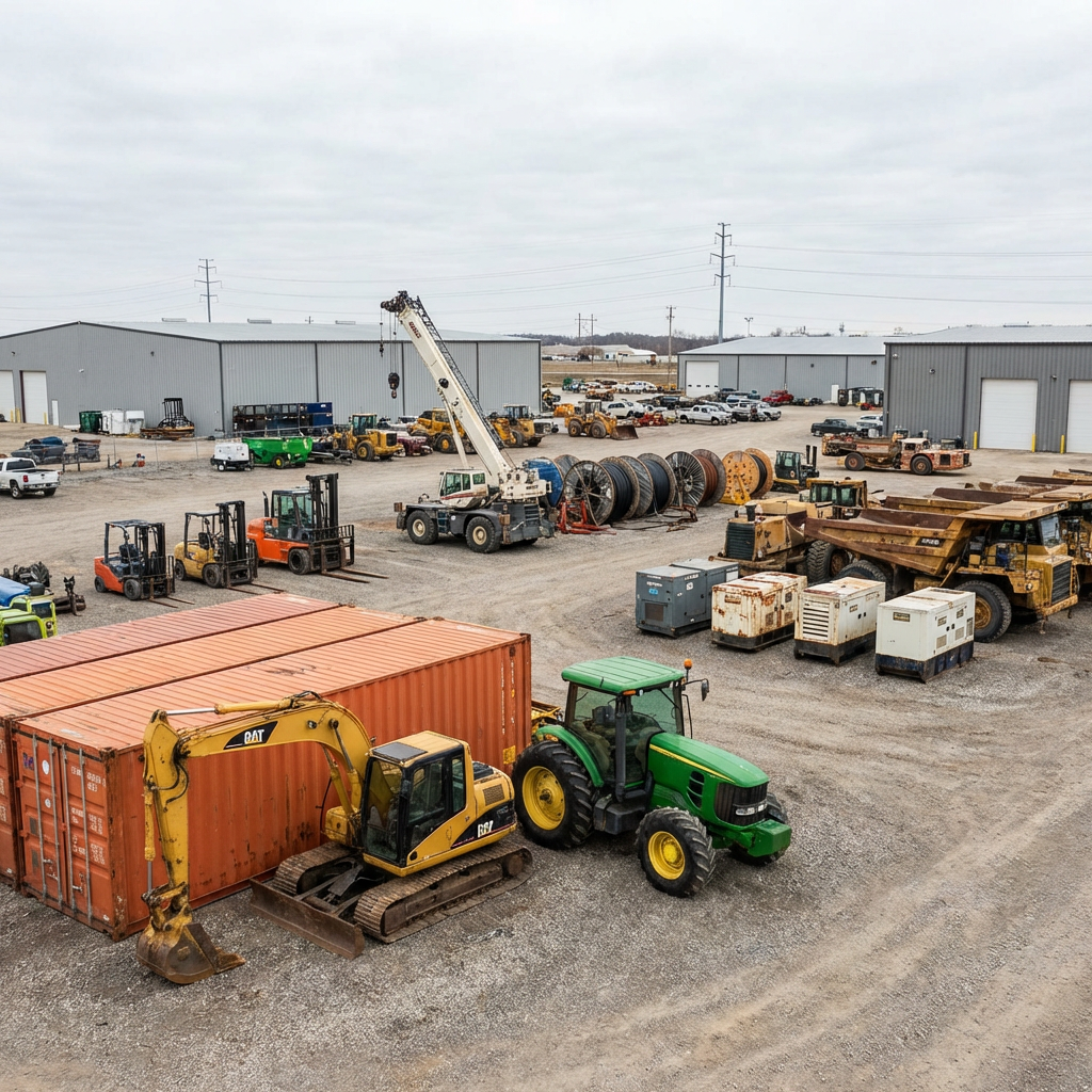 Heavy construction machinery and shipping containers parked in a large gravel industrial lot.