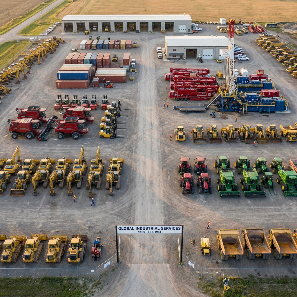 Aerial view of Global Industrial Services Yaro, Est. 1984, featuring rows of heavy machinery.