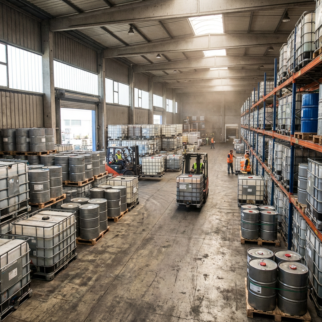 Forklifts moving IBC totes and metal drums in a large industrial warehouse.