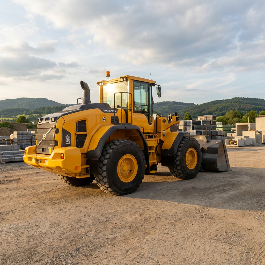 Yellow Volvo L260H wheel loader parked in an industrial yard against a mountain backdrop.