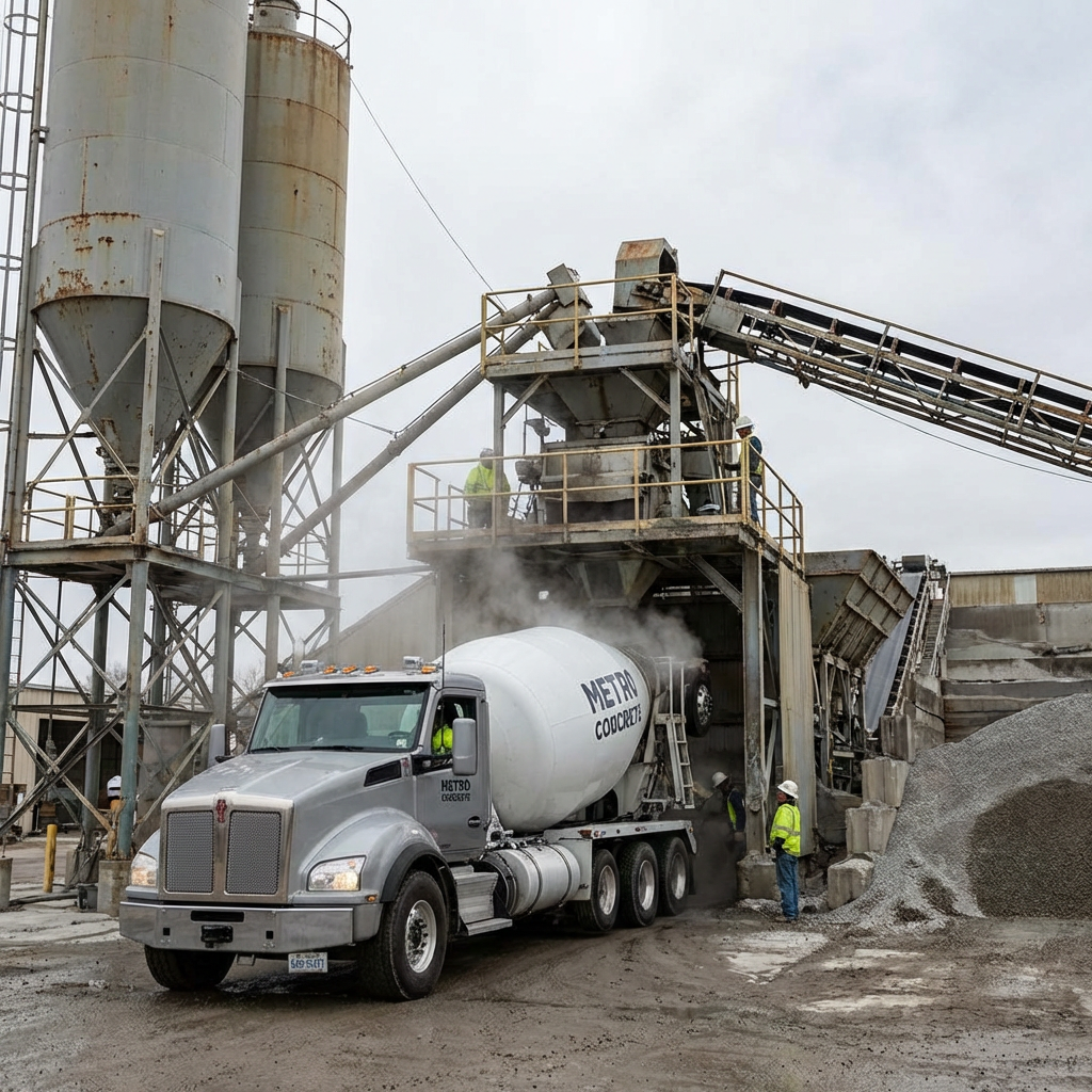 Silver Kenworth mixer truck labeled METRO CONCRETE positioned at an industrial concrete plant.