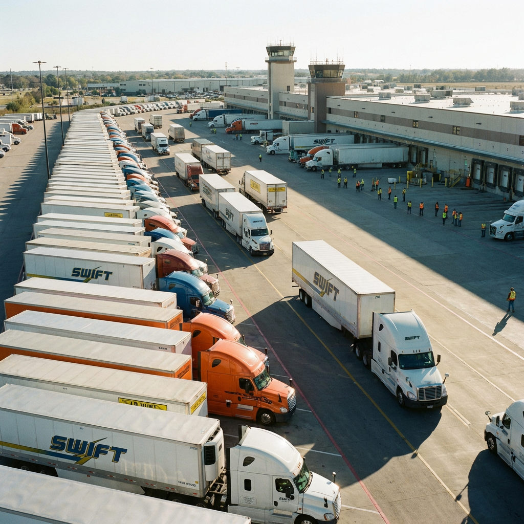 Semi-trucks lined up and driving through a large commercial shipping and distribution terminal.