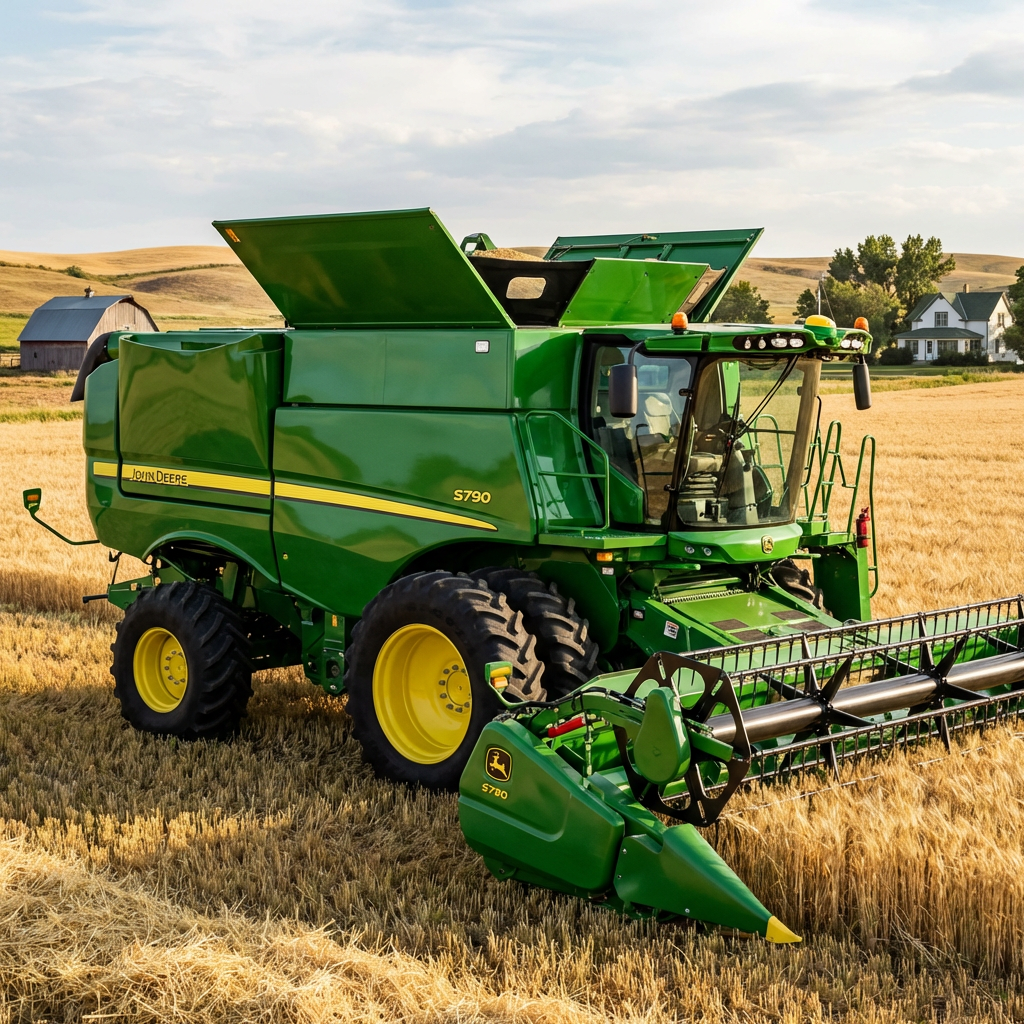 Green John Deere S790 combine harvester with open grain tank in a wheat field.