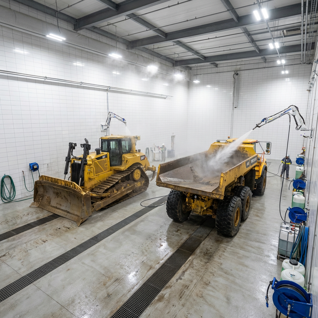 A yellow bulldozer and dump truck are washed inside a large industrial facility.