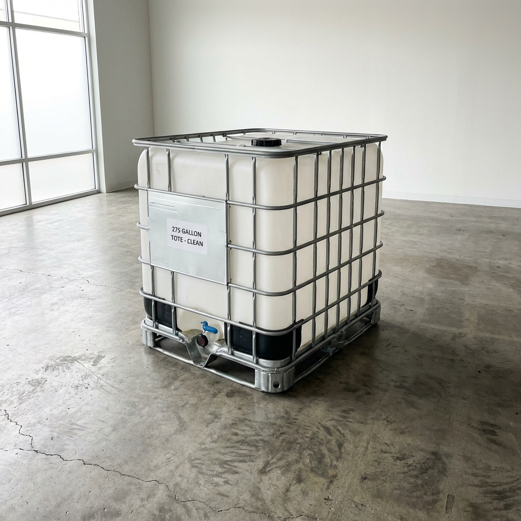 A 275-gallon industrial liquid tote labeled '275 GALLON TOTE - CLEAN' in a metal cage.